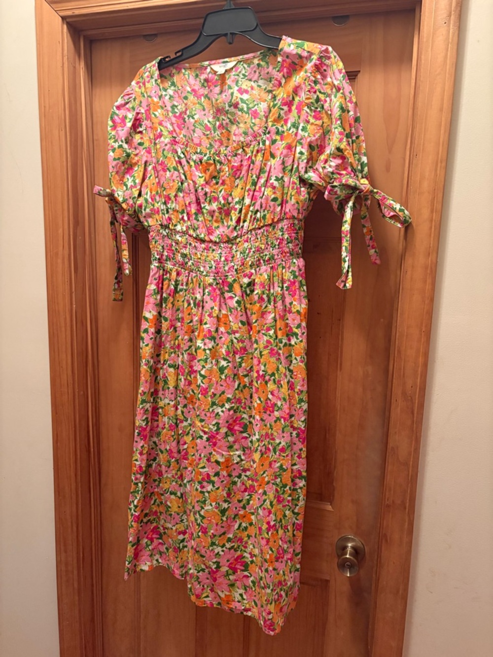 Time and Tru Pink Floral Smocked Midi Dress with Tie Sleeves